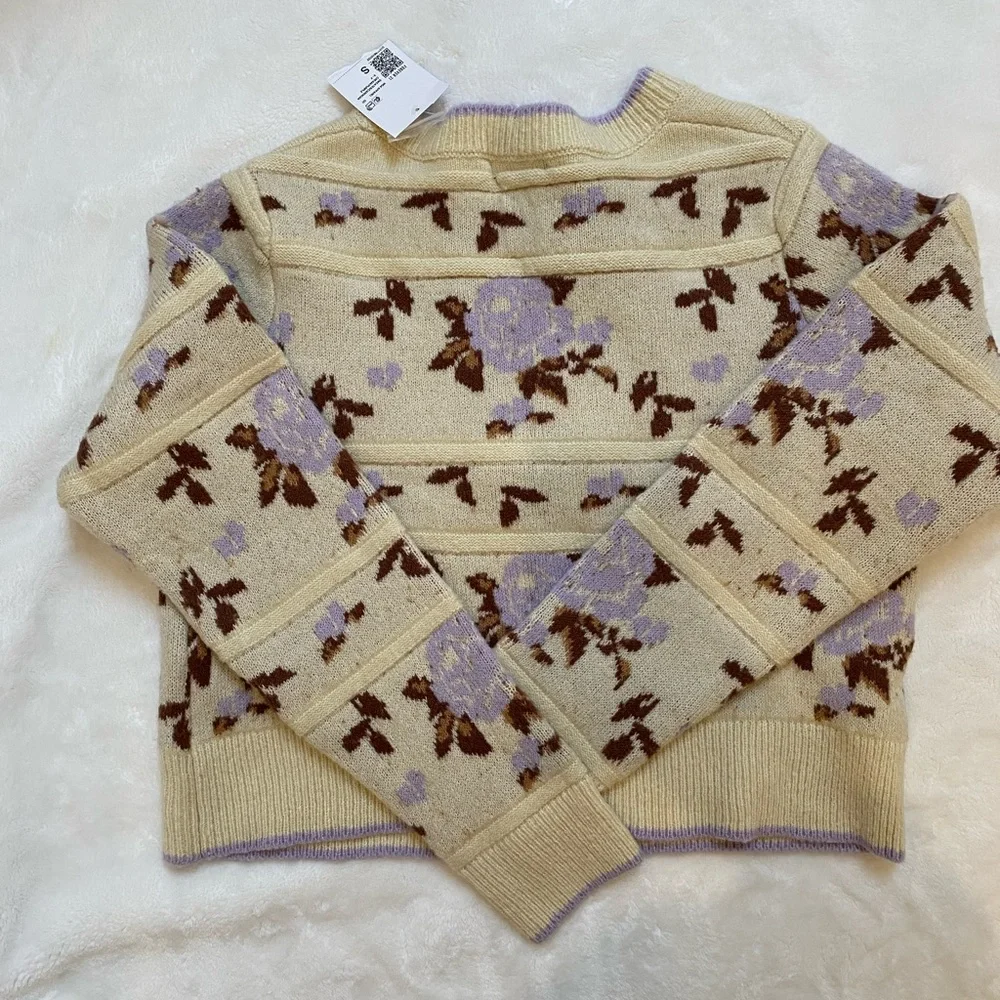 NWT! Forever 21 Cream and Purple Floral Print Cardigan Small Cottagecore